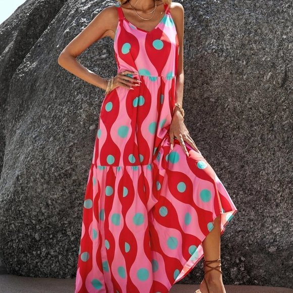 Hot Pink Boho Womens Allover Print Ruffle Hem Cami Dress - Picture 5 of 5